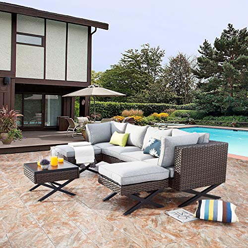 Festival Depot 7pcs Outdoor Furniture Patio Conversation Set Sectional Corner Sofa Chairs with X Shaped Metal Leg All Weather Brown Rattan Wicker Ottoman Side Coffee Table with Grey Seat Back Cushions 
