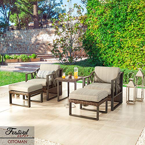Festival Depot Patio Ottoman Wicker Footstool with Thick Cushion Metal Frame Outdoor Furniture for Deck Yard All Weather (Grey) 