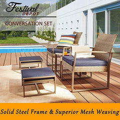 Festival Depot 5 Pieces Outdoor Furniture Patio All-Weather Rattan Conversation Set Armchair, Ottoman with Cushions and Coffee Table with Glass and Metal Frame for Garden Deck Poolside Balcony