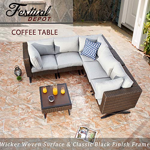 Festival Depot Metal Outdoor Side Coffee Table Patio Bistro Living Room Dining Table Wood Grain Top Wicker Rattan Furniture with X Shaped Steel Legs Brown Black