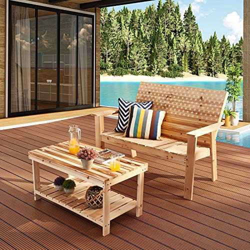 Festival Depot 2 Pieces Patio Furniture Outdoor Conversation Set Wood Armrest Loveseat Chair Stars and Strips Printing Dining Coffee Side Table 