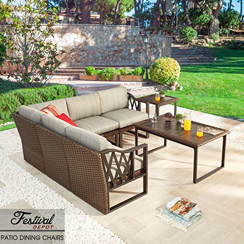 Festival Depot Dining Outdoor Patio Bistro Furniture Armless Section Chairs Wicker Rattan Premium Fabric Soft&Comfortable 5.5" Cushions with Metal Steel Frame Legs for Garden Poolside Lawn All-Weather 