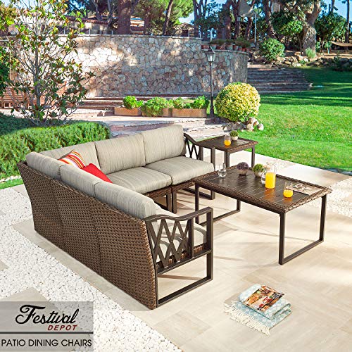 Festival Depot Dining Outdoor Patio Bistro Furniture Armless Section Chairs Wicker Rattan Premium Fabric Soft&Comfortable 5.5" Cushions with Metal Steel Frame Legs for Garden Poolside Lawn All-Weather