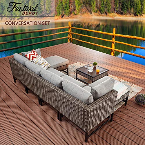 Festival Depot 7 Pieces Patio Outdoor Furniture Conversation Sets Sectional Corner Sofa with Wicker Chairs, Ottoman, Coffee Table and Seating Thick Soft Cushion(Grey)