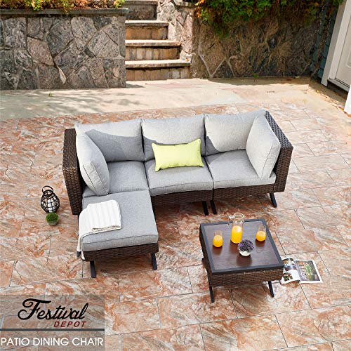 Festival Depot Wicker Patio Chair with Right Armrest Rattan Dining Chair with Thick Cushions and X Shaped Steel Legs Outdoor Furniture for Garden Yard Poolside All-Weather