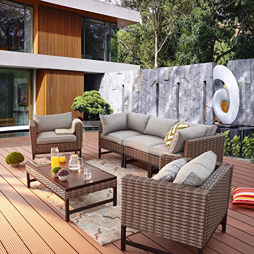 Festival Depot 6 Pieces Outdoor Conversation Set Sectional Wicker Chair with Thick Cushions and Rattan Coffee Table for Deck Lawn Backyard (Gray) 