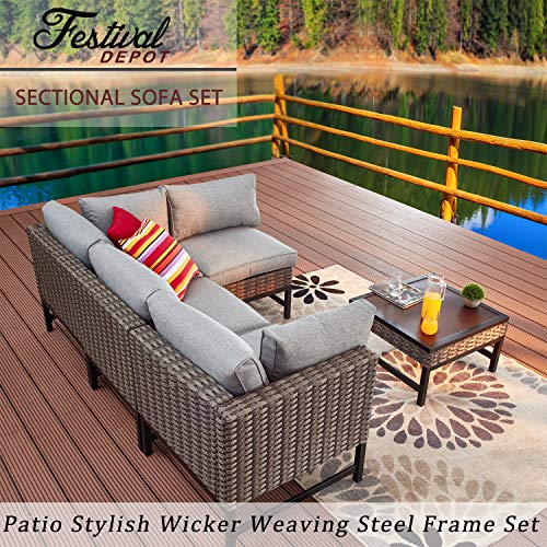 Festival Depot 5pc Patio Sectional Corner Sofa Set Outdoor All-Weather Wicker Metal Coffee Side Table with Seating Back Cushions Garden Poolside (Gray)