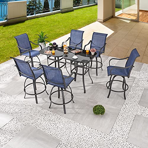 Festival Depot 8pcs Outdoor Patio Dining Furniture Sets Bar Bistro High Stools 360° Swivel Chairs with Slatted Steel Curved Armrest Coffee Table Tempered Glass Desktop (6 Chairs,2 Table) 