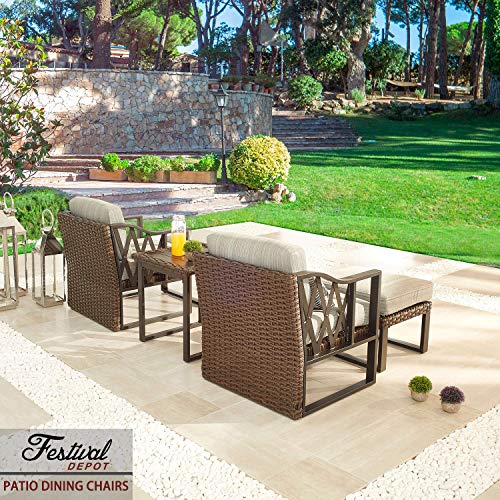 Festival Depot Dining Outdoor Patio Bistro Furniture Armchairs Wicker Rattan Premium Fabric Soft 5.5" Cushions with Metal Steel Frame Leg for Garden Poolside All-Weather 28.5"(D) x 28.1"(W) x 28.4"(H) 