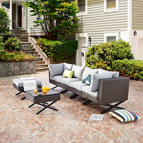 Festival Depot 6pcs Outdoor Furniture Patio Conversation Set Sectional Corner Sofa Chairs with X Shaped Metal Leg All Weather Brown Rattan Wicker Ottoman Side Coffee Table with Grey Seat Back Cushions 
