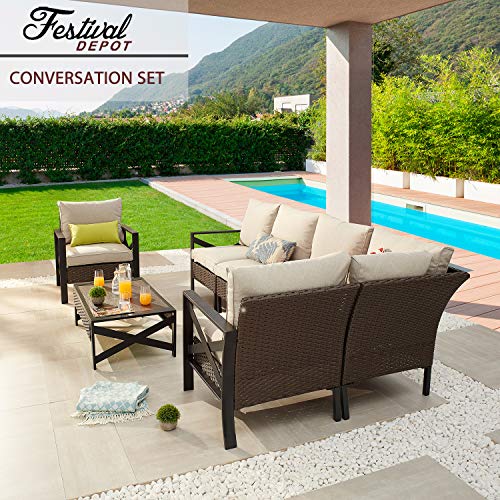 Festival Depot 7 Pcs Patio Outdoor Furniture Conversation Set Sectional Corner Sofa with All-Weather Brown Wicker Back Chair, Coffee Side Table, Ottoman and Soft Thick Removable Couch Cushions