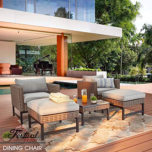 Festival Depot Dining Outdoor Patio Bistro Furniture Armchair with Wicker Rattan Armrest Premium Fabric Comfort & Soft 3.1" Cushions with Metal Slatted Steel Legs for Garden Yard Poolside All-Weather 
