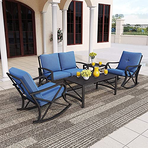 Festival Depot Outdoor Furniture Patio Conversation Set Metal Bistro Table Coffee Table Loveseat Armchairs with Seat and Back Cushions Without Pillows for Lawn Beach Backyard Pool