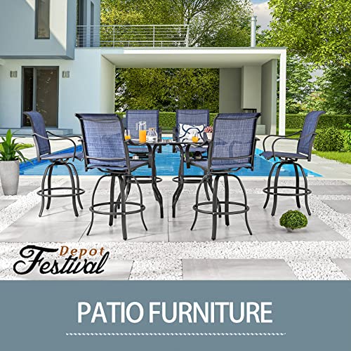 Festival Depot 3 Pcs Patio Bistro Bar Set High Stools Outdoor Furniture with 360° Swivel Armrest Chairs, Coffee Table with Tempered Glass Desktop, Metal Frame for Deck Poolside Garden Porch