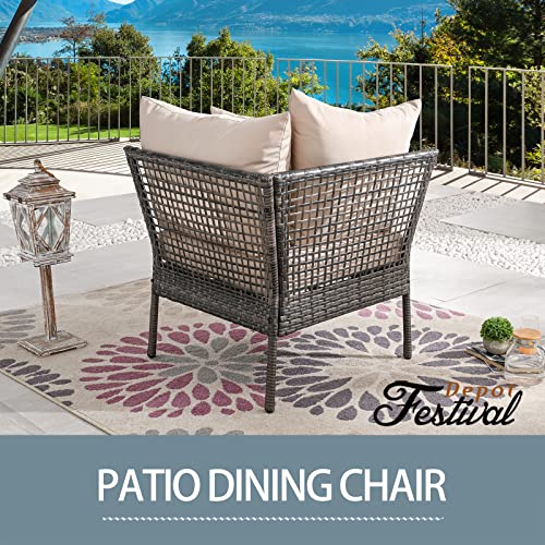 Festival Depot Patio Wicker Dining Chair, All-Weather Rattan Sectional Sofa Outdoor Furniture with Metal Frame Removable Seat & Back Cushion Pillow for Garden Pool Backyard Lawn (Beige)