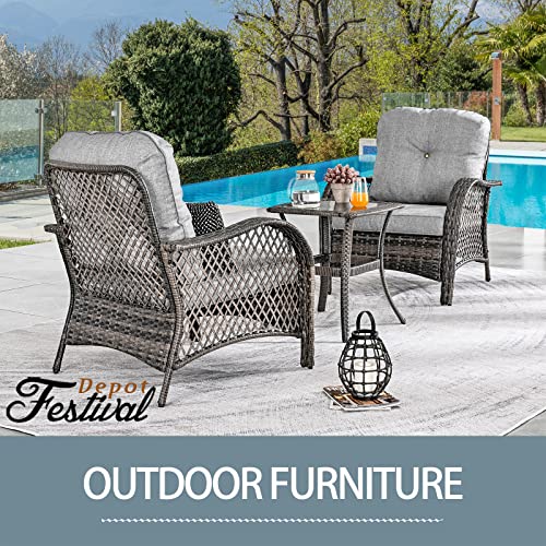 Festival Depot 3 Pieces Patio Bistro Set PE Wicker Armchairs Set of 2 with Tempered Glass Top Side Table Outdoor Furniture Conversation Set (Brown Wicker, Grey Cushion)