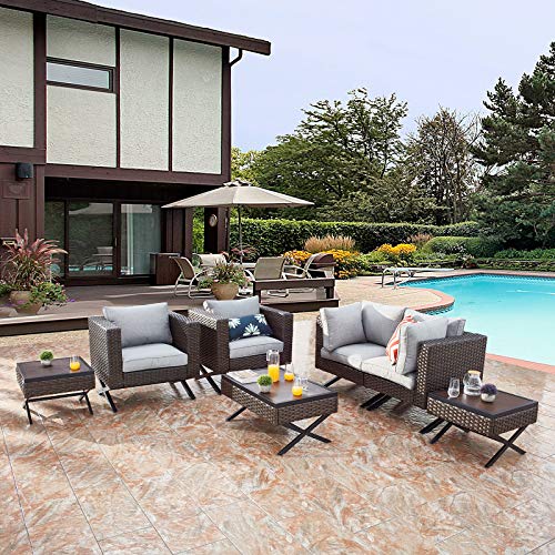 Festival Depot 7pcs Outdoor Furniture Patio Conversation Set Sectional Sofa Chairs with X Shaped Metal Leg All Weather Brown Rattan Wicker Rectangle Square Coffee Table with Grey Seat Back Cushions