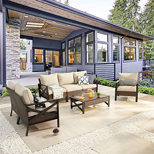 Festival Depot 7 Pcs Patio Outdoor Furniture Loveseat Conversation Set Sectional Sofa with All-Weather Brown Wicker Back Chair, Coffee Side Table, Ottoman and Soft Thick Removable Couch Cushion 