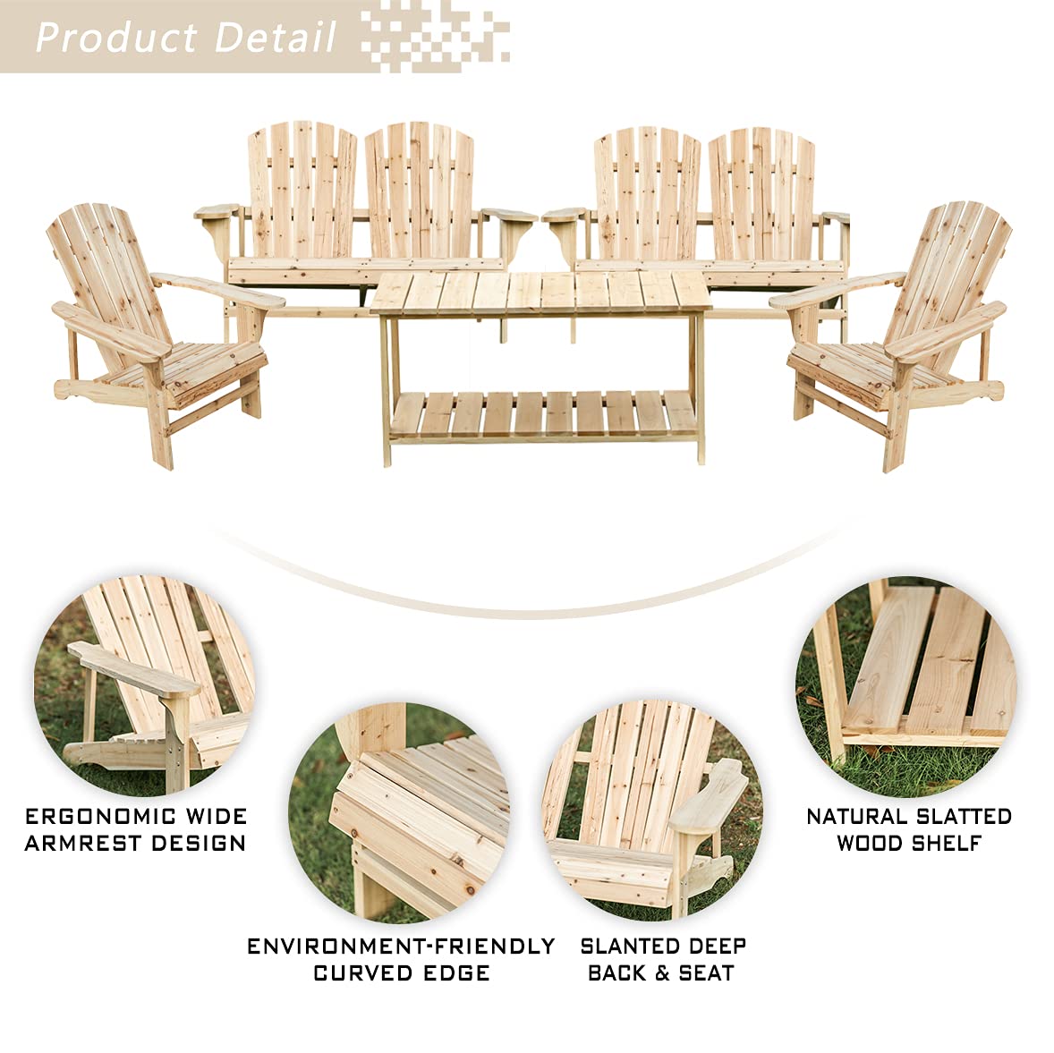 Festival Depot 5 Pieces Outdoor Furniture Patio Conversation Set Wood Adirondack Chairs, Loveseat and Coffee Table for Lawn, Deck, Beach, Backyard, Porch, Balcony, Wooden