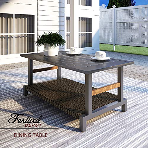 Festival Depot Metal Outdoor Side Coffee Patio Bistro Rectangle Dining Wicker Table with Sturdy Steel Legs Modern Furniture for Home Office 42.1"(L) x 22"(W) x 17.7"(H),Black Grey