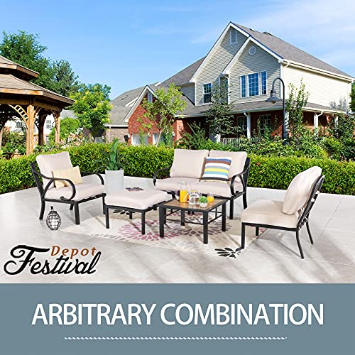 Festival Depot Dining Outdoor Patio Bistro Furniture Ottoman Footstool with Slatted Steel Frame Legs with Embed Premium Fabric Soft & Comfortable 4.3" Cushion Foot Rest for Garden Yard All-Weather