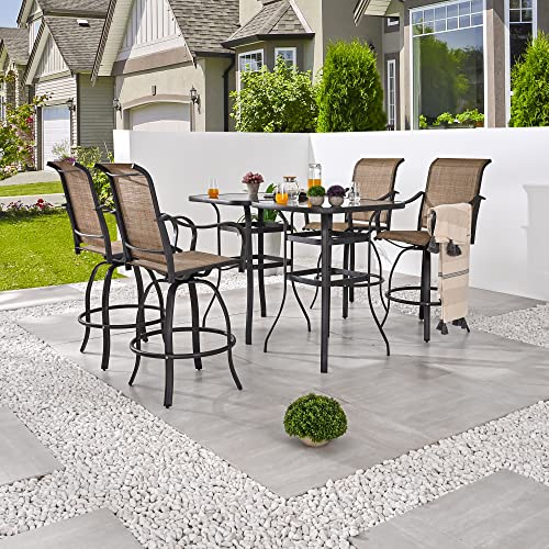 Festival Depot 6-Piece Bar Bistro Patio Outdoor Dining Furniture Sets High Stools 360° Swivel Chairs with Slatted Steel Curved Armrest Square Coffee Side Table Tempered Glass Desktop 