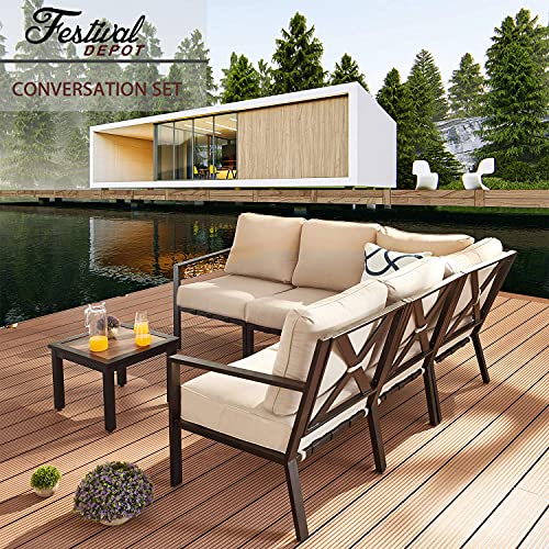 Festival Depot Outdoor Furniture Patio Conversation Sets Loveseat Armchair, All-Weather Black X Slatted Backrest Chairs with Coffee Side Table and Thick Soft Removable Couch Cushions