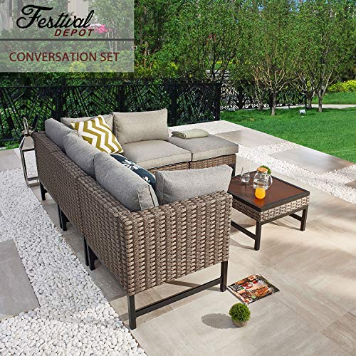 Festival Depot 6 Pieces Patio Outdoor Furniture Conversation Sets Chairs Sectional Corner Sofa, All-Weather Black Slatted Back with Coffee Square Table and Thick Soft Removable Couch Cushions (Grey) 
