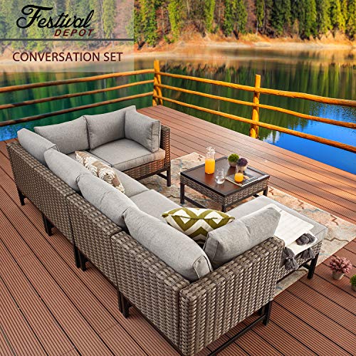 Festival Depot 7 Pieces Patio Outdoor Furniture Conversation Sets Sectional Corner Sofa with Wicker Chairs, Ottoman, Coffee Table and Comfy Thick Seat Cushions(Grey) 