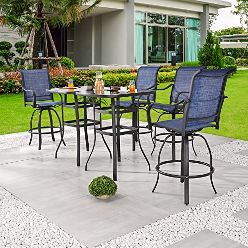 Festival Depot 6-Piece Bar Bistro Patio Outdoor Dining Furniture Sets High Stools 360° Swivel Chairs with Slatted Steel Curved Armrest Square Coffee Side Table Tempered Glass Desktop 