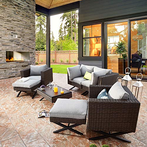 Festival Depot 7pcs Outdoor Furniture Patio Conversation Set Sectional Sofa Chairs with X Shaped Metal Leg All Weather Brown Rattan Wicker Ottoman Coffee Table with Grey Thick Seat Back Cushions 