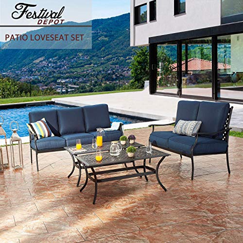 Festival Depot 2Pcs Patio Loveseat Set with Thick Cushions and Coffee Table Outdoor Metal Frame Seating Bench for Garden Bistro, Beige