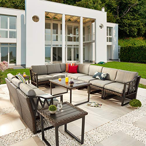 Festival Depot 13Pc Outdoor Furniture Patio Conversation Set Sectional Corner Sofa Chairs All Weather Wicker Metal Frame Rectangle Side Slatted Coffee Table with Thick Grey Seat Back Cushion No Pillow