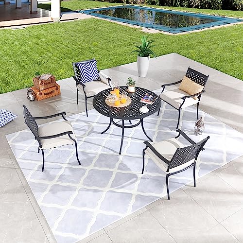 Festival Depot 5 Piece Patio Dining Set Metal Chairs with Seat Cushions and Round Iron Table with Umbrella Hole All Weather Outdoor Furniture for Bistro Deck Garden