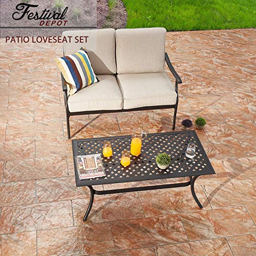 Festival Depot 2Pcs Patio Loveseat Set with Thick Cushions and Coffee Table Outdoor Metal Frame Seating Bench for Garden Bistro, Beige 