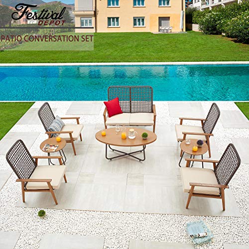Festival Depot 8 Pieces Patio Outdoor Furniture Conversation Set with Metal Side Coffee Side Table Wooden-Color Steel Wicker Weaving Mesh Back Armchair with Cushions (Khaki) 