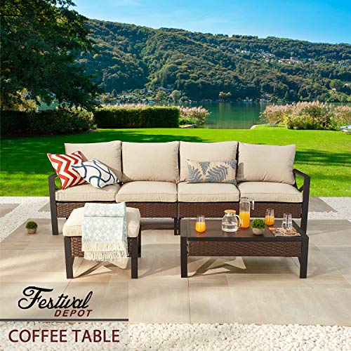 Festival Depot Coffee Outdoor Dining Furniture Bistro Side Patio Table Rectangle Wicker Rattan Wood Grain Desktop with Side X Shaped Slatted Steel Legs Garden All Weather 38.2"(L) x 21.7"(W) x 13"(H) 