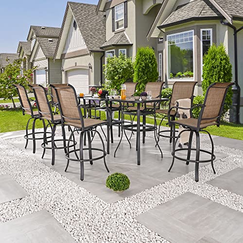 Festival Depot 11Pcs Bar Bistro Outdoor Patio Dining Furniture Sets High Stools 360° Swivel Chairs With Slatted Steel Curved Armrest Coffee Table Tempered Glass Desktop (8 Chairs,3 Table) 