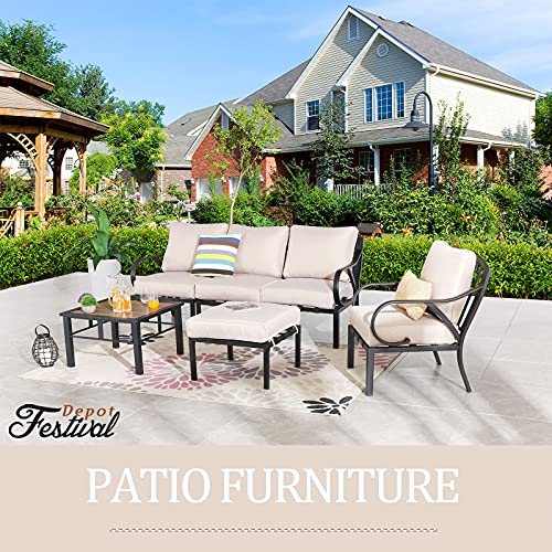 Festival Depot 6pcs Patio Conversation Set Sectional Metal Chairs Ottoman with Cushions and Coffee Table All Weather Outdoor Furniture for Garden Backyard, Beige 