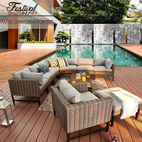 Festival Depot 10 Pieces Patio Conversation Set Outdoor Furniture Combination Sectional Corner Sofa Set All-Weather Woven Wicker Metal Chair with Cushions Side Coffee Table Ottoman, Gray 