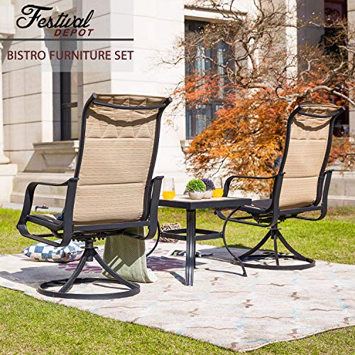 Stylish 3-Piece Outdoor 360° Swivel Armrests Dining Chairs Set with High Back Textilene Fabric and Square Coffee Table 