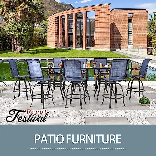 Festival Depot 11 Pcs Patio Dining Set Bar Height Stools Swivel Bistro Chairs with Armrest and Tempered Glass Top Table Metal Outdoor Furniture for Yard (8 Chairs, 3 Table, Blue)