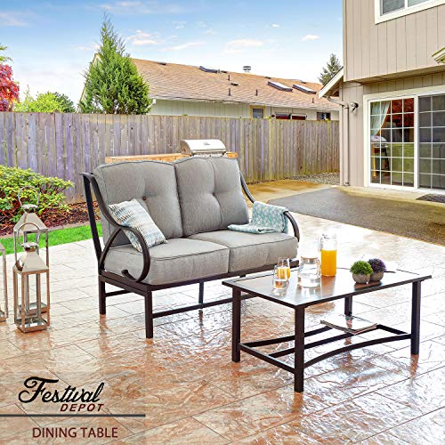 Festival Depot 2 Pieces Patio Loveseat Metal Frame with Coffee Table Set Conversation Premium Fabric Metal Frame Furniture Set Garden Bistro Seating Chair Thick&Soft Cushion (Loveseat, Grey) 