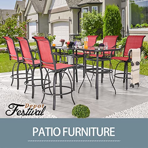 Festival Depot 9 Pcs Patio Dining Set Bar Height Stools Swivel Bistro Chairs with Armrest and Tempered Glass Top Table Metal Outdoor Furniture for Yard (Red) 