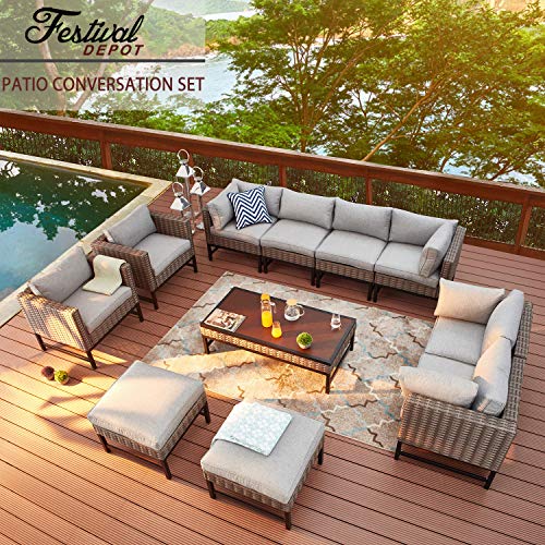 Festival Depot 11 Pieces Patio Conversation Set Outdoor Furniture Combination Sectional Sofa Loveseat All-Weather Wicker Metal Chairs with Seating Back Cushions Side Coffee Table,Gray 