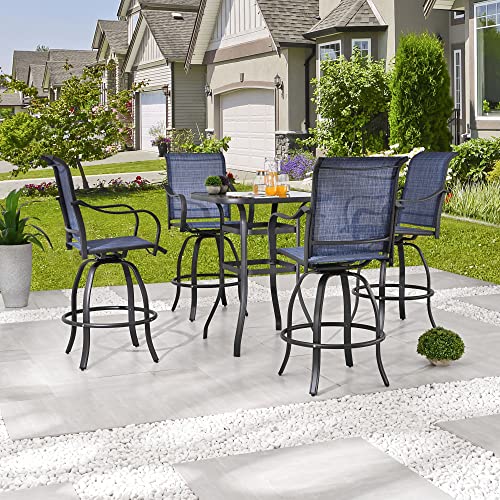 Festival Depot 5 pcs Bar Bistro Patio Outdoor Dining Furniture Sets High Stools 360° Swivel Chair with Slatted Steel Curved Armrest Coffee Table Tempered Glass Desktop (4 Chairs,1 Table)