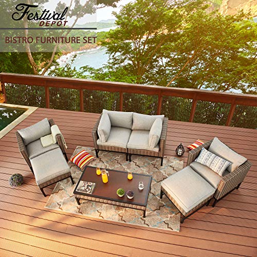 Festival Depot 7 Pcs Patio Outdoor Conversation Wicker Chairs Cushions Ottomans Set with Coffee Square Table Metal Frame Furniture Garden Bistro Seating Thick Soft Cushion (Gray)