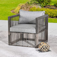 Festival Depot Wicker Patio Single Sofa, Outdoor Armchair, All-Weather Brown PE Rattan Couch Chair Waterproof Sectional Furniture for Balcony Garden Pool Lawn Backyard (Grey Thick Cushion)