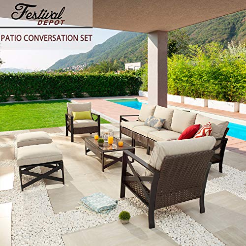 Festival Depot 9 Pcs Patio Outdoor Furniture Conversation Set Sectional Sofa with All-Weather Brown PE Rattan Wicker Back Chair, Ottoman, Coffee Table and Soft Thick Removable Couch Cushions