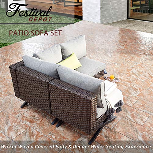 Festival Depot 3 Pieces Patio Conversation Set Sectional Corner Sofa Combination X-Shaped Legs Outdoor All-Weather Wicker Metal Armless Chairs with Seating Back Cushions Garden Deck Poolside